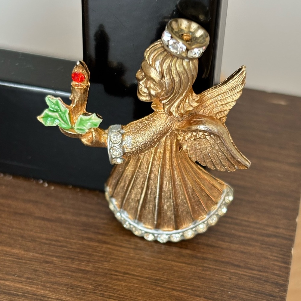 Vintage JJ Gold Tone Angel Brooch with Red and Green Accents